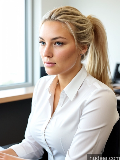 ai nude image of blond woman in white shirt sitting at desk with laptop computer pics of Chubby 18 Serious Blonde Ponytail White Office Wife Or Girlfriend Skin Detail (beta) Detailed Bright Lighting Blouse