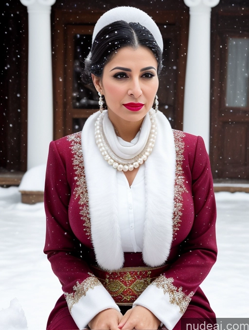 ai nude image of woman in red dress sitting in snow covered yard with white scarf pics of Busty Lipstick Skinny Short 50s Shocked Black Hair Hair Bun Arabic Front View Dress Traditional Pearl Jewelry Flight Attendant Woman Sad Snow