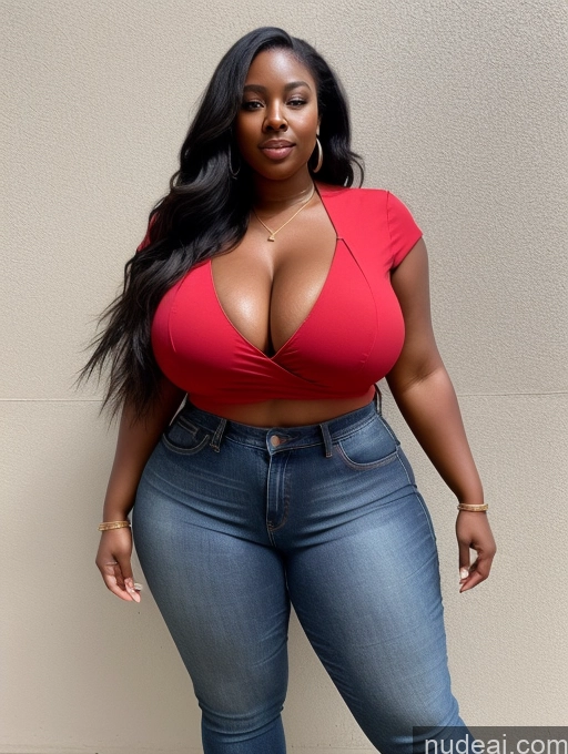 ai nude image of a close up of a woman in a red top and jeans pics of Woman Huge Boobs Perfect Boobs Big Ass Big Hips Thick Perfect Body 30s Black Hair Long Hair African Blouse Jeans High Heels Cleavage Detailed Alternative Simple