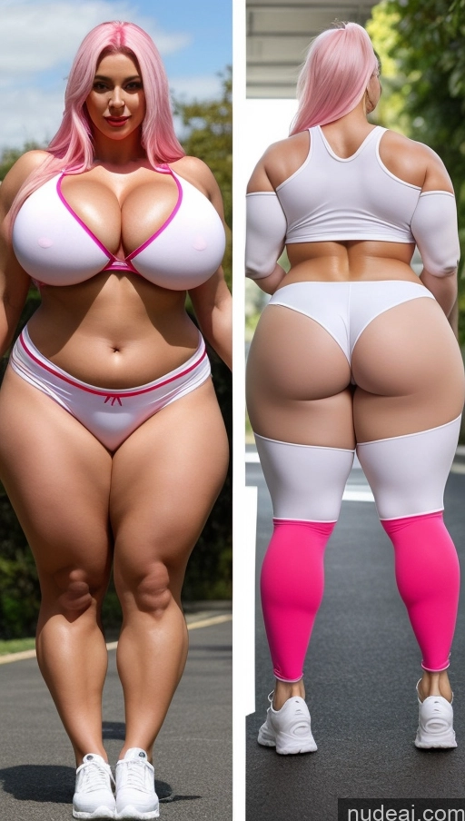 ai nude image of two pictures of a woman in a white bikini and pink hair pics of Huge Boobs Lipstick Muscular Big Ass Abs Chubby Fairer Skin Cosplay Working Out