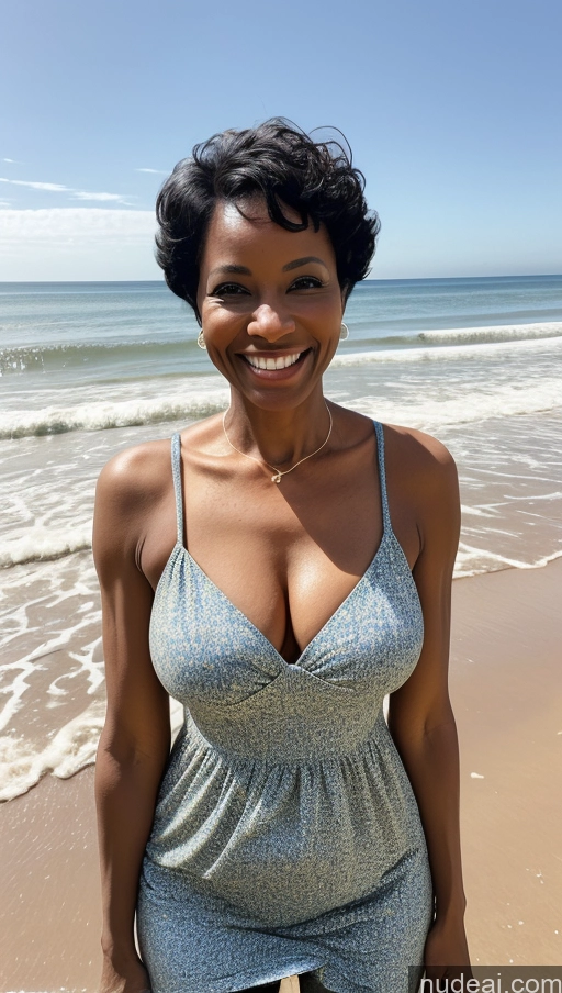 ai nude image of smiling woman in a blue dress standing on the beach pics of Milf Skinny Perfect Body Happy Black Hair Pixie Front View Sundress Detailed Cleavage Small Tits Black Beach