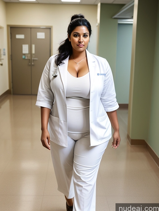 ai nude image of there is a woman walking down a hallway in a white suit pics of Woman Huge Boobs Big Hips Big Ass Chubby 30s Black Hair Indian Hair Bun Hospital Doctor Cleavage