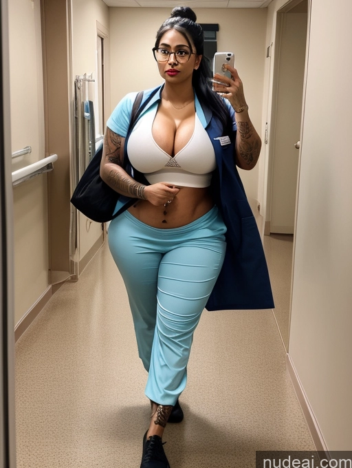 ai nude image of araffe woman in blue pants and a white top taking a selfie pics of Woman Huge Boobs Big Hips Big Ass 30s Black Hair Indian Hair Bun Hospital Doctor Cleavage Thick Tattoos Lipstick Glasses