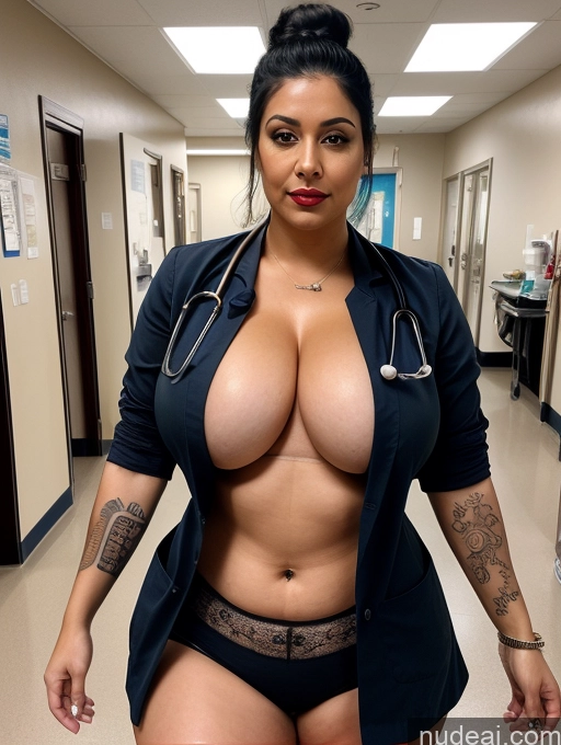 ai nude image of arafed woman in a black jacket and panties posing in a hospital hallway pics of Woman Huge Boobs Big Hips Big Ass 30s Black Hair Indian Hair Bun Hospital Doctor Cleavage Thick Tattoos Lipstick