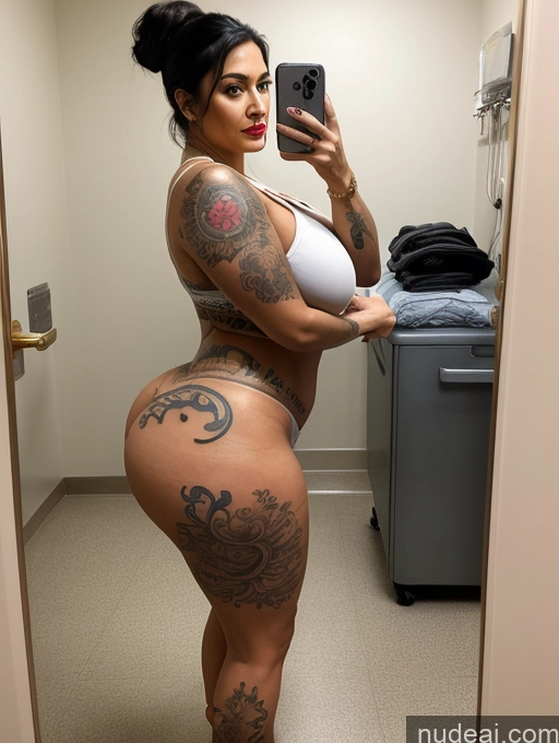 ai nude image of araffe woman with tattoos taking a selfie in a bathroom mirror pics of Woman Huge Boobs Big Hips Big Ass 30s Black Hair Indian Hair Bun Hospital Cleavage Thick Tattoos Lipstick Gold Jewelry Nurse