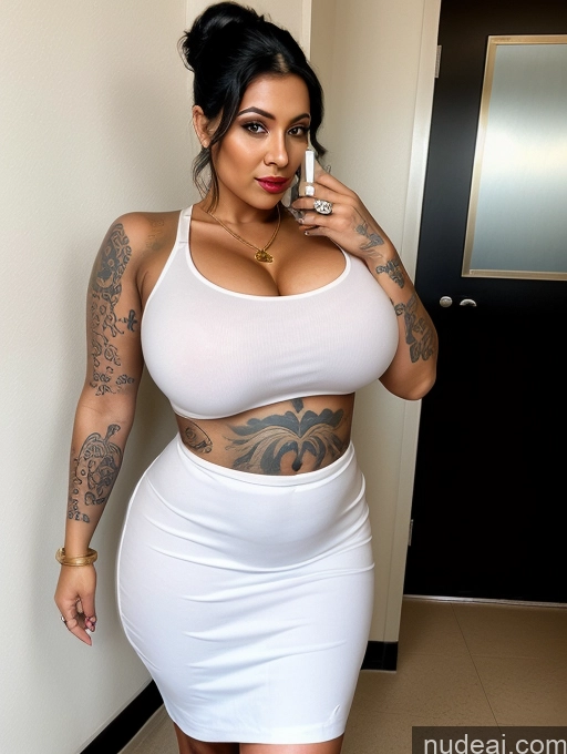 ai nude image of there is a woman in a white dress posing for a picture pics of Woman Huge Boobs Big Hips Big Ass 30s Black Hair Indian Hair Bun Hospital Thick Tattoos Lipstick Gold Jewelry Nurse