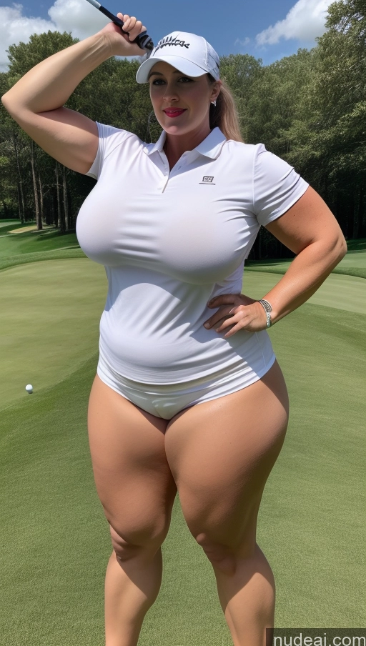 ai nude image of araffe woman in a white shirt and white hat holding a golf club pics of Huge Boobs Lipstick Muscular Big Ass Abs Chubby Fairer Skin Golf