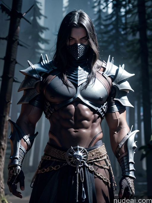 ai nude image of arafed male warrior in a forest with a mask on pics of Death Knight Black Hair Fantasy Armor Dark Lighting Knight Ninja Alternative Bodybuilder Busty Perfect Body Muscular Thick Abs