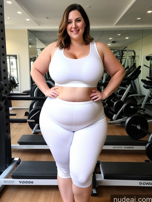 ai nude image of araffe woman in white sports bra top and white shorts posing for a picture pics of Big Ass Big Hips Tall Fairer Skin 30s Brunette Bobcut White Gym Chubby Muffin Top Huge Boobs Sports