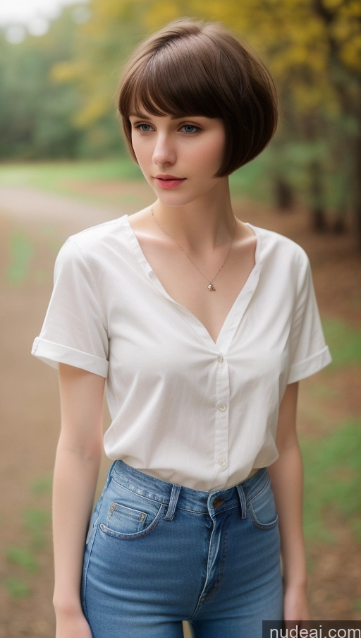 ai nude image of arafed woman in white shirt and jeans standing in a field pics of Small Tits Beautiful Skinny Short Hair Fairer Skin 18 Brunette Russian Jeans Detailed One Shirt