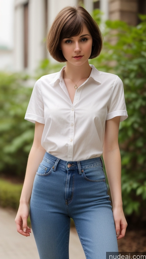 ai nude image of arafed woman in white shirt and jeans standing on sidewalk pics of Small Tits Beautiful Skinny Short Hair Fairer Skin 18 Brunette Russian Jeans Detailed One Shirt