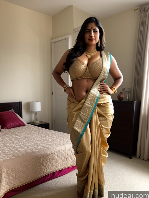 ai nude image of araffe woman in a sari posing in a bedroom pics of Huge Boobs Thick Big Ass Abs Big Hips Tall 30s Serious Indian Sari Bedroom Cleavage Gold Jewelry Jewelry