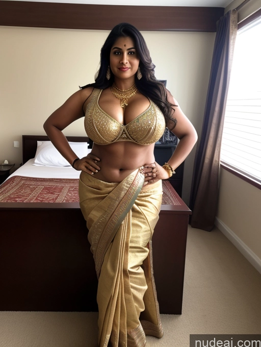 ai nude image of araffe woman in a sari posing in a bedroom pics of Huge Boobs Thick Big Ass Abs Big Hips Tall 30s Serious Indian Sari Bedroom Cleavage Gold Jewelry Jewelry