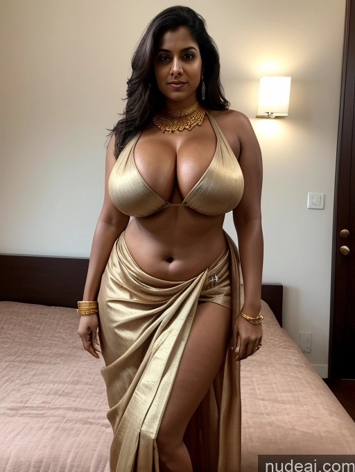 ai nude image of araffe woman in a gold dress posing on a bed pics of Huge Boobs Thick Big Ass Abs Big Hips Tall 30s Serious Indian Sari Bedroom Gold Jewelry Jewelry Topless