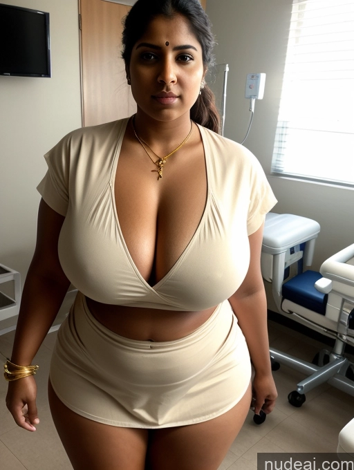 ai nude image of araffe woman in a tan top and shorts posing for a picture pics of Huge Boobs Big Ass Thick Big Hips 30s Serious Indian Hospital Nurse Cleavage Gold Jewelry Jewelry