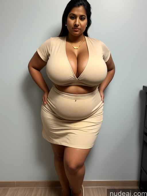 ai nude image of araffe woman in a tan dress posing for a picture pics of Huge Boobs Big Ass Thick Big Hips 30s Serious Indian Hospital Nurse Cleavage Gold Jewelry Jewelry Muffin Top