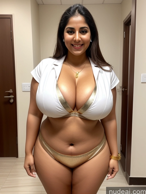 ai nude image of araffe woman in a white top and gold bikini posing for a picture pics of Huge Boobs Big Ass Big Hips 30s Gold Jewelry Skinny Abs Happy Indian Hospital Doctor Detailed Cleavage Muffin Top