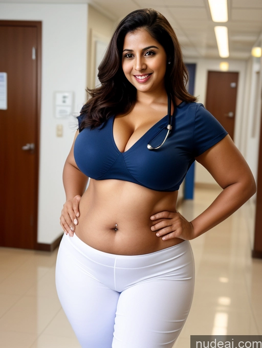 ai nude image of arafed woman in a blue top and white pants posing for a picture pics of Huge Boobs Big Ass Big Hips 30s Skinny Abs Happy Indian Hospital Doctor Detailed Cleavage Muffin Top