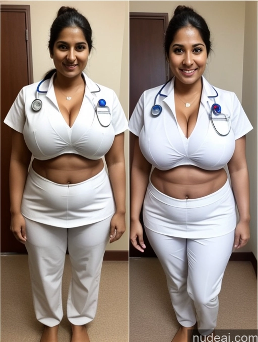 ai nude image of a close up of two pictures of a woman in a nurse uniform pics of Huge Boobs Big Ass Big Hips 30s Skinny Abs Happy Indian Hospital Doctor Detailed Cleavage Muffin Top