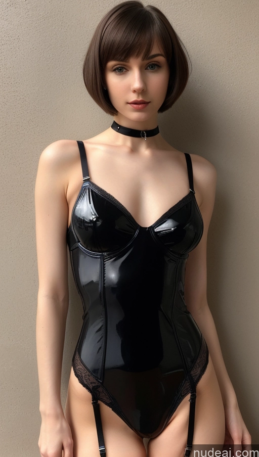 ai nude image of arafed woman in a black latex outfit posing for a picture pics of One Small Tits Beautiful Skinny Short Hair Fairer Skin 18 Brunette Russian Detailed Latex Lingerie