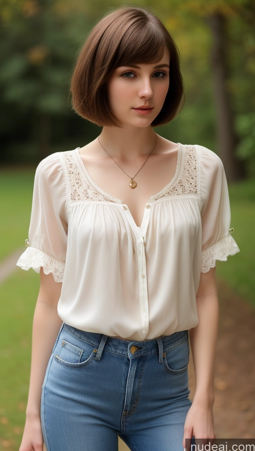 ai nude image of arafed woman in a white blouse and jeans standing in a park pics of One Small Tits Beautiful Skinny Short Hair Fairer Skin 18 Brunette Russian Detailed Blouse Jeans