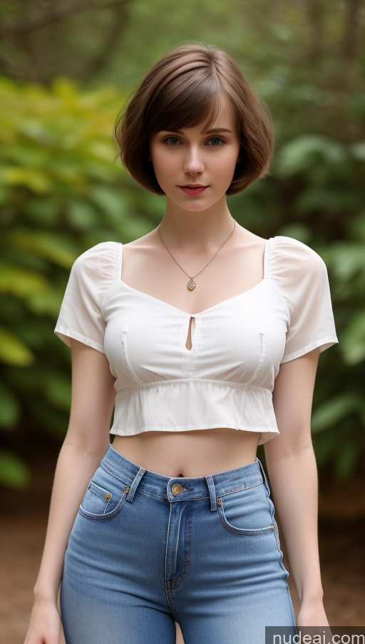 ai nude image of arafed woman in a white top and jeans posing for a picture pics of One Small Tits Beautiful Skinny Short Hair Fairer Skin 18 Brunette Russian Detailed Blouse Jeans Crop Top