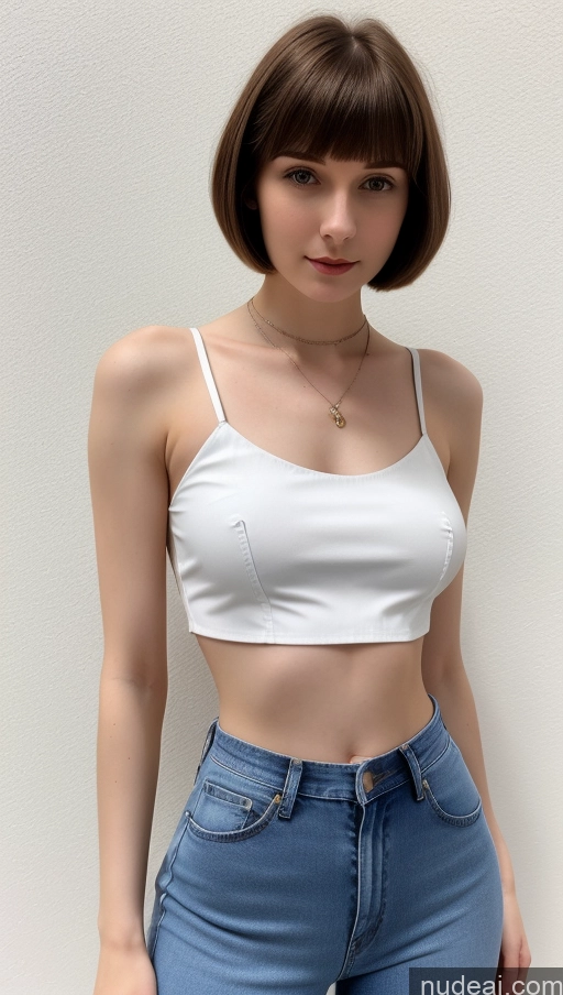 ai nude image of arafed woman in a white top and jeans posing for a picture pics of One Small Tits Beautiful Skinny Short Hair Fairer Skin 18 Brunette Russian Detailed Blouse Jeans Crop Top