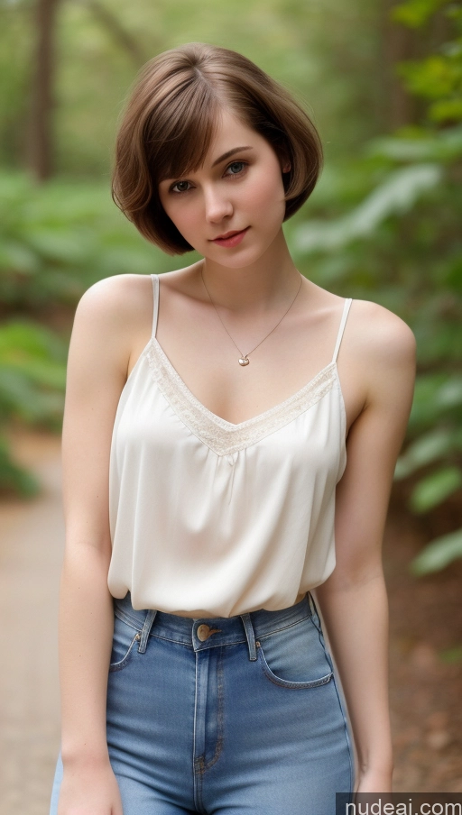 ai nude image of arafed woman in a white top and jeans posing for a picture pics of One Small Tits Beautiful Short Hair Fairer Skin 18 Brunette Russian Detailed Blouse Jeans Tank Top