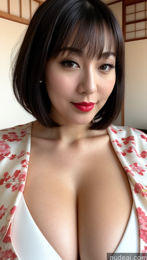 related ai porn images free for Woman One Huge Boobs Beautiful 30s Black Hair Close-up View Detailed Simple Japanese Lipstick Fairer Skin Bobcut Kimono Cleavage