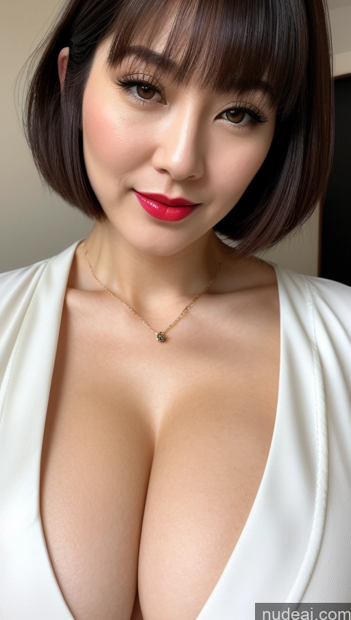 ai nude image of arafed asian woman with a very big breast posing for a picture pics of Woman One Huge Boobs Beautiful 30s Black Hair Close-up View Detailed Simple Japanese Lipstick Fairer Skin Bobcut Kimono Cleavage