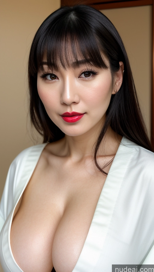 ai nude image of arafed asian woman with big breast posing for a picture pics of Woman One Huge Boobs Beautiful 30s Black Hair Close-up View Detailed Simple Japanese Lipstick Fairer Skin Kimono Bangs