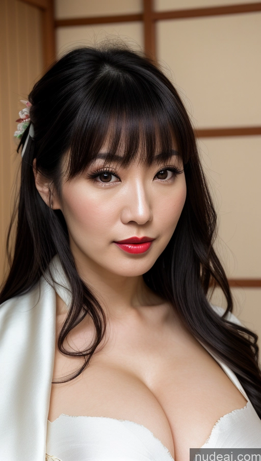 ai nude image of arafed asian woman in a white dress with a flower in her hair pics of Woman One Huge Boobs Beautiful 30s Black Hair Close-up View Detailed Simple Japanese Lipstick Fairer Skin Kimono Bangs