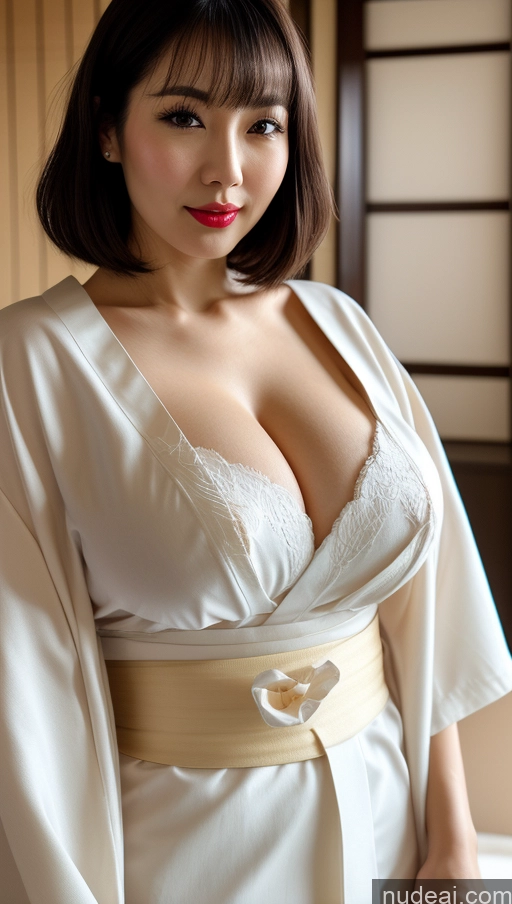 ai nude image of araffe asian woman in a white robe posing for a picture pics of Woman One Huge Boobs Beautiful 30s Black Hair Close-up View Detailed Simple Japanese Lipstick Fairer Skin Kimono Bobcut