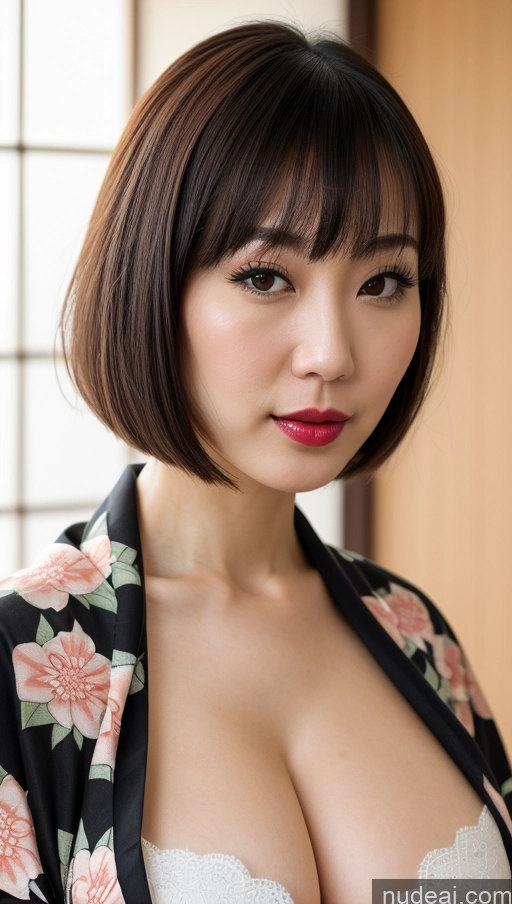 related ai porn images free for Woman One Huge Boobs Beautiful 30s Black Hair Close-up View Detailed Simple Japanese Lipstick Fairer Skin Kimono Bobcut