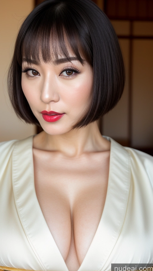 ai nude image of arafed asian woman with a very big breast posing for a picture pics of Woman One Huge Boobs Beautiful 30s Black Hair Close-up View Detailed Simple Japanese Lipstick Fairer Skin Kimono Bobcut