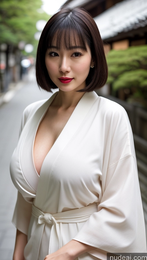 ai nude image of arafed asian woman in white robe posing for a picture pics of Woman One Huge Boobs Beautiful 30s Black Hair Close-up View Detailed Simple Japanese Lipstick Fairer Skin Kimono Bobcut Casual