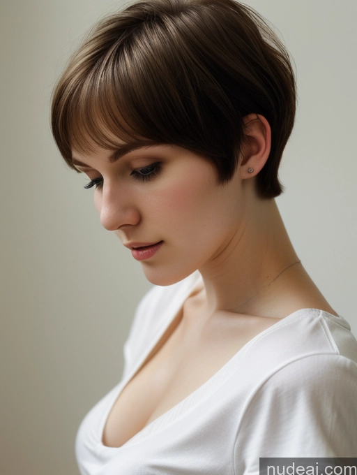 ai nude image of arafed woman with short hair wearing a white shirt looking down pics of One Small Tits Beautiful Skinny Short Hair Fairer Skin 18 Brunette Russian Close-up View Shirt