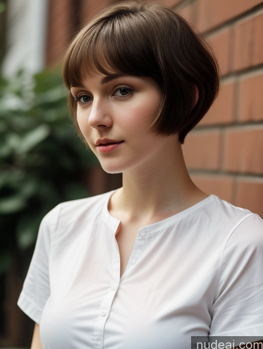 ai nude image of arafed woman with short hair and white shirt standing in front of a brick wall pics of One Small Tits Beautiful Skinny Short Hair Fairer Skin 18 Brunette Russian Close-up View Shirt Thick