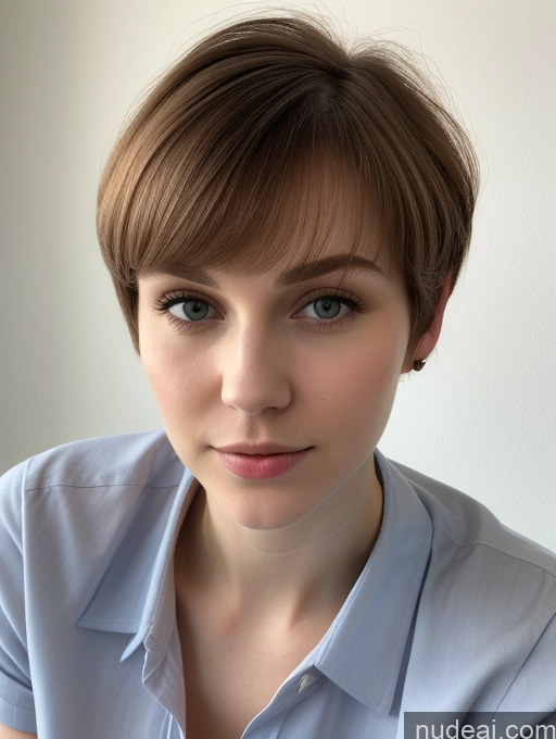 ai nude image of there is a woman with a short haircut and a blue shirt pics of One Small Tits Beautiful Skinny Short Hair Fairer Skin 18 Brunette Russian Close-up View Shirt Thick