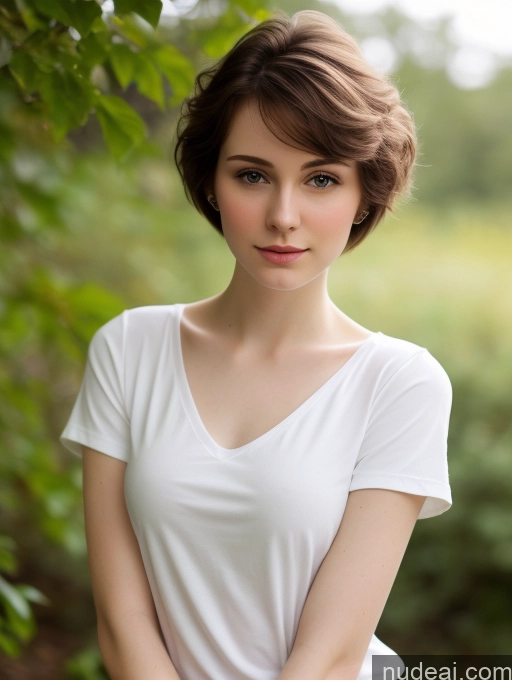 ai nude image of arafed woman in white shirt posing for a picture in a field pics of One Small Tits Beautiful Skinny Fairer Skin 18 Brunette Russian Close-up View Shirt Thick Pixie