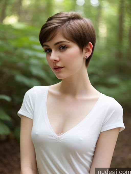 ai nude image of arafed woman in white shirt standing in the woods with trees pics of One Small Tits Beautiful Skinny Fairer Skin 18 Brunette Russian Close-up View Shirt Thick Pixie