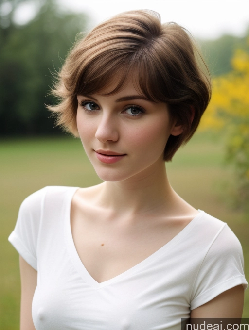 ai nude image of arafed woman with short hair and white shirt posing for a picture pics of One Small Tits Beautiful Skinny Fairer Skin 18 Brunette Russian Close-up View Shirt Thick Pixie