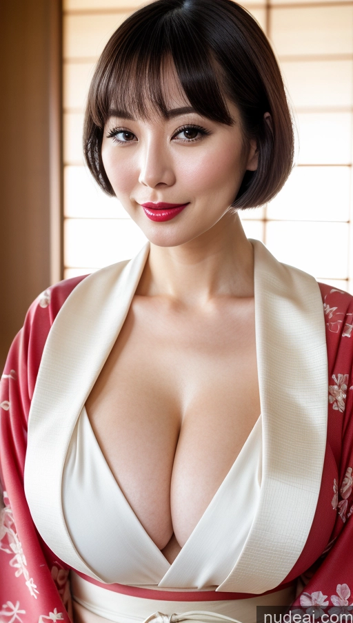 ai nude image of araffe asian woman in kimono dress posing for a picture pics of Woman One Huge Boobs Beautiful 30s Black Hair Close-up View Detailed Simple Japanese Lipstick Fairer Skin Bobcut Kimono