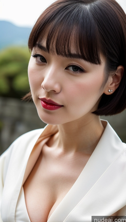 ai nude image of arafed asian woman with a white dress and red lipstick pics of Woman One Huge Boobs Beautiful 30s Black Hair Close-up View Detailed Simple Japanese Lipstick Fairer Skin Bobcut Kimono