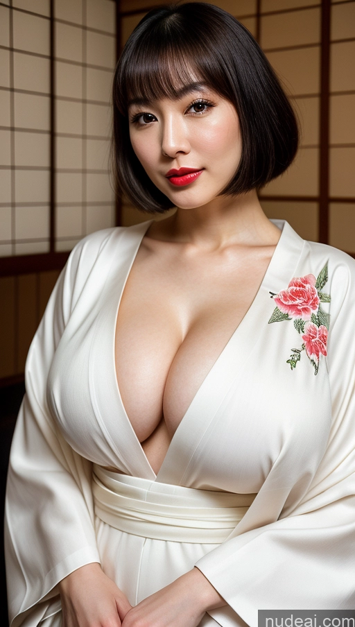 ai nude image of arafed asian woman in a white robe posing for a picture pics of Woman One Huge Boobs Beautiful 30s Black Hair Close-up View Detailed Simple Japanese Lipstick Fairer Skin Kimono Bobcut