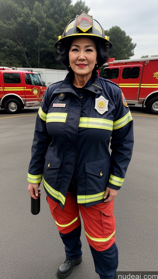 ai nude image of there is a woman in a firefighter's uniform standing in a parking lot pics of Milf Beautiful Pubic Hair Fairer Skin Black Hair 70s Korean Busty Big Ass Big Hips Cosplay Firefighter