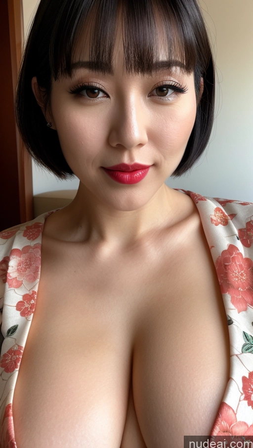 related ai porn images free for Woman Beautiful Huge Boobs One Lipstick Fairer Skin 30s Black Hair Bobcut Japanese Close-up View Detailed Simple Kimono