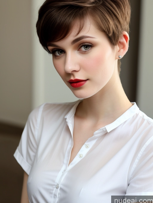 ai nude image of there is a woman with a short haircut wearing a white shirt pics of Small Tits Beautiful Lipstick Skinny Fairer Skin 18 Brunette Pixie Russian Close-up View Shirt