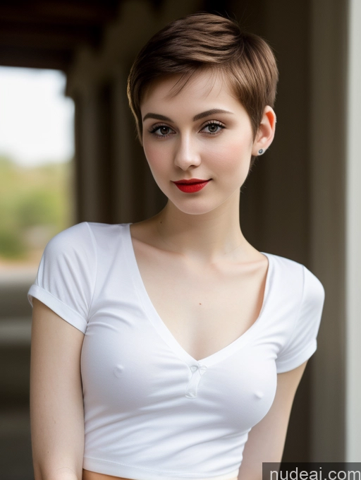 ai nude image of there is a woman with a white shirt and red lipstick pics of Small Tits Beautiful Lipstick Skinny Fairer Skin 18 Brunette Pixie Russian Close-up View Shirt