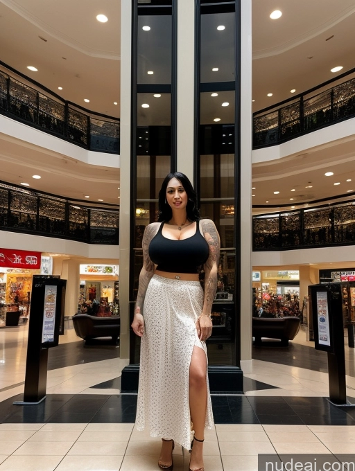 ai nude image of araffe woman in a skirt and crop top standing in a mall pics of Busty Huge Boobs Perfect Boobs Tattoos Small Ass Skinny Pubic Hair 30s Serious Black Hair Bobcut Japanese Mall Long Skirt Milf